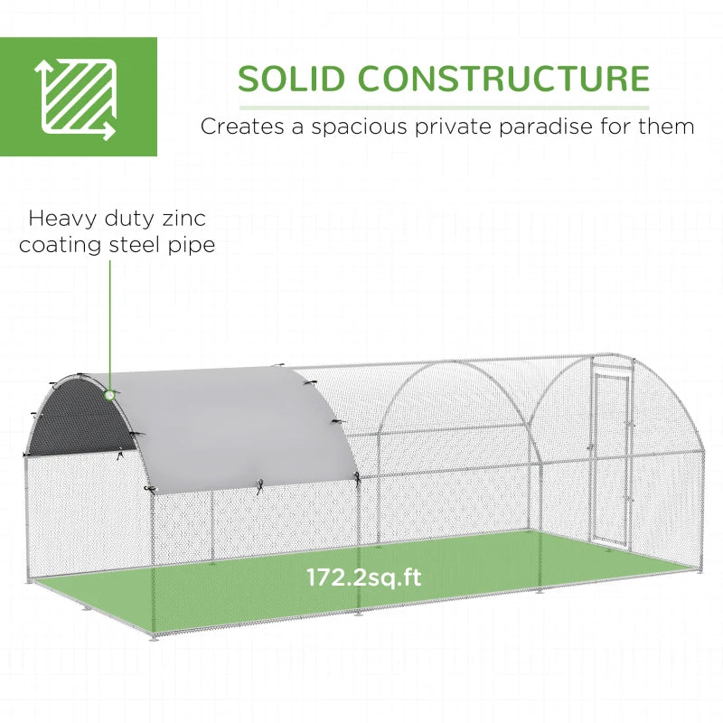 Large Metal Chicken Coop with Waterproof Cover - Walk-In Yard Fence, Silver