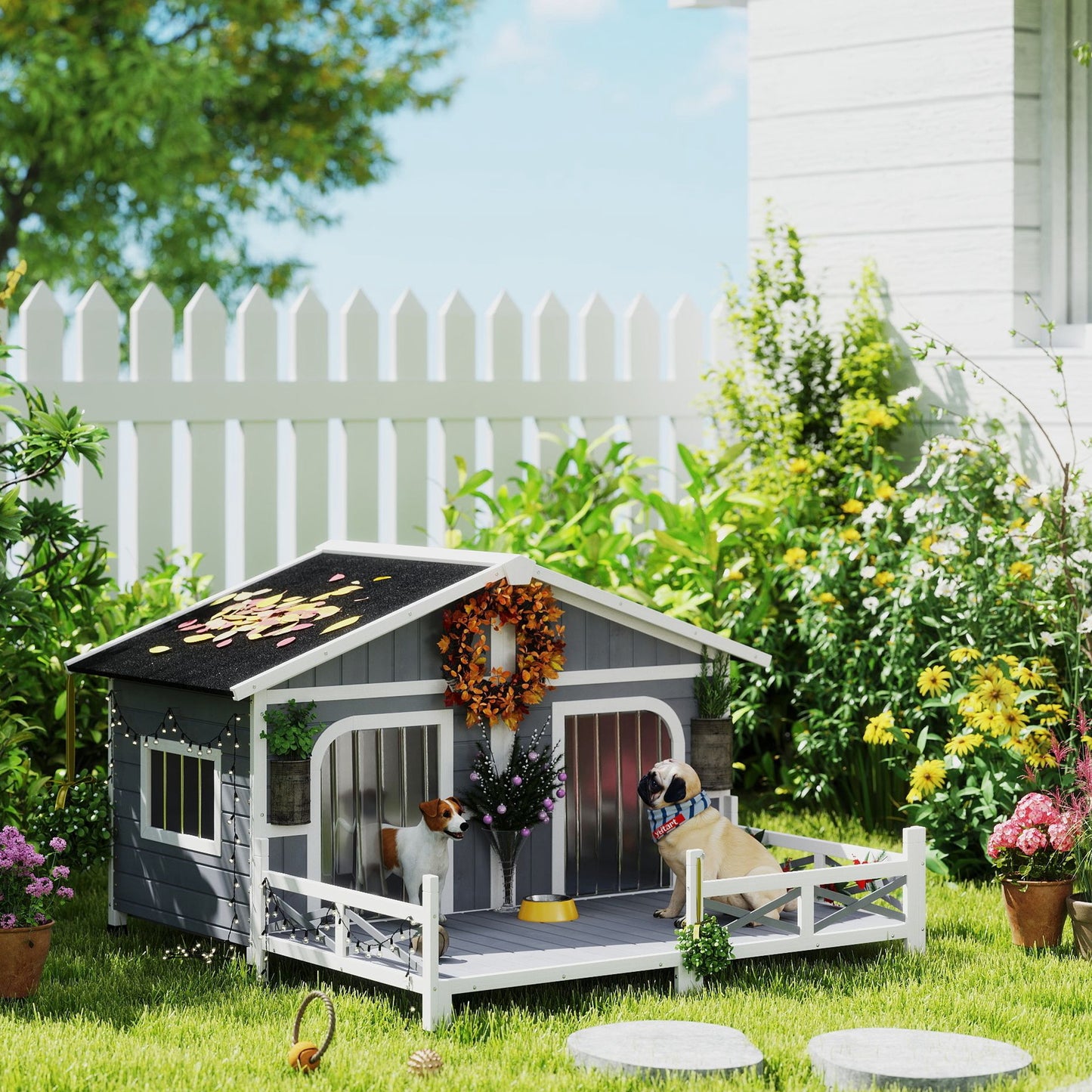 Outdoor Wooden Dog House with Porch & Double Room - Weatherproof Pet Shelter