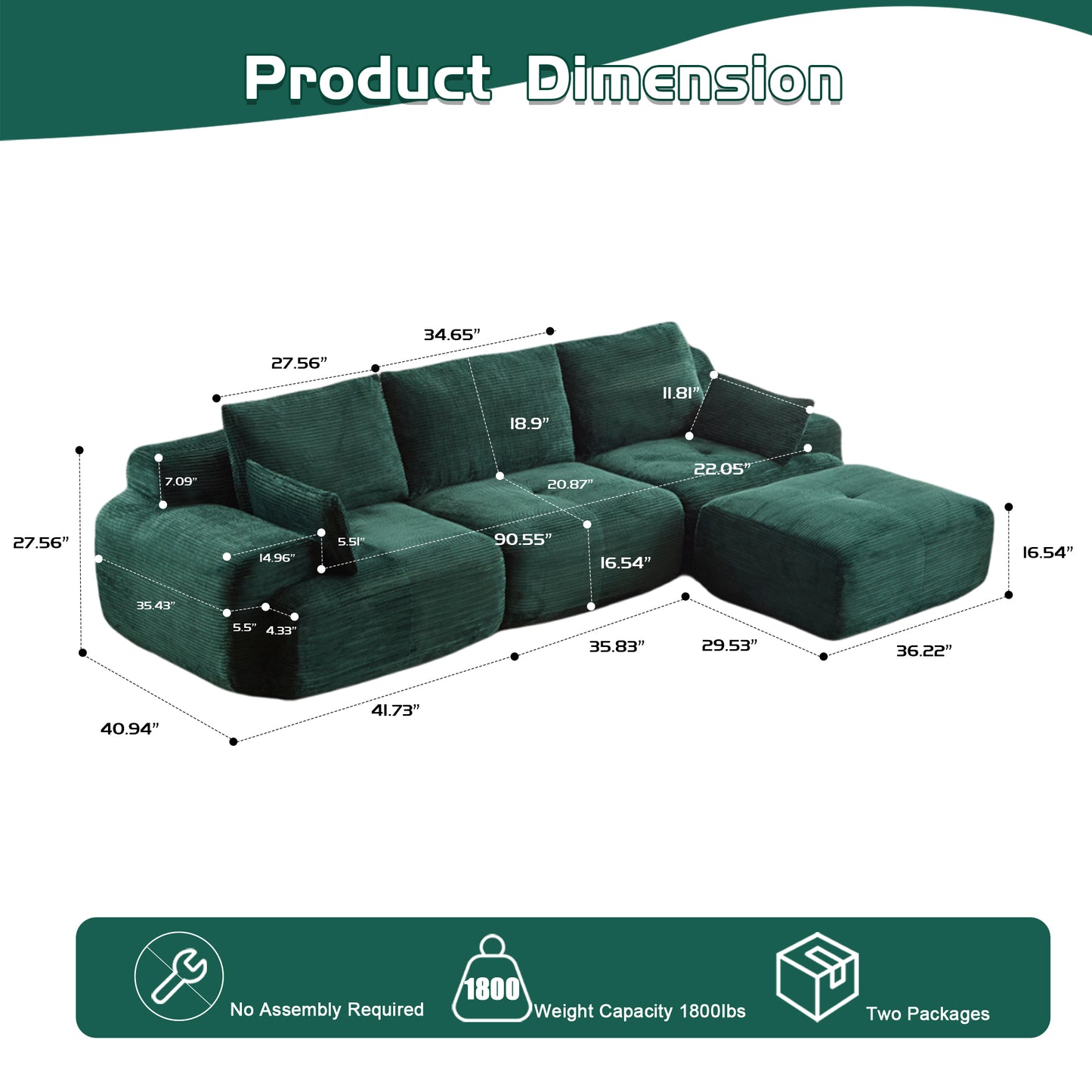 Large Green Modular Memory Foam Sectional Sofa - Pet-Friendly