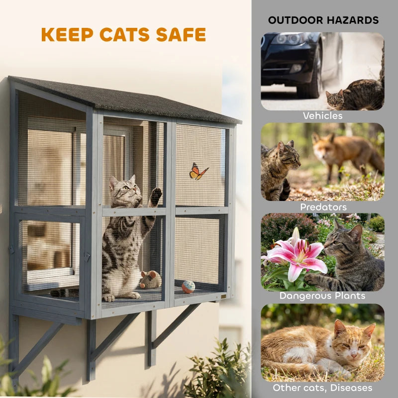Outdoor Cat Enclosure with Waterproof Roof and Window Box - Gray, 39.4"L