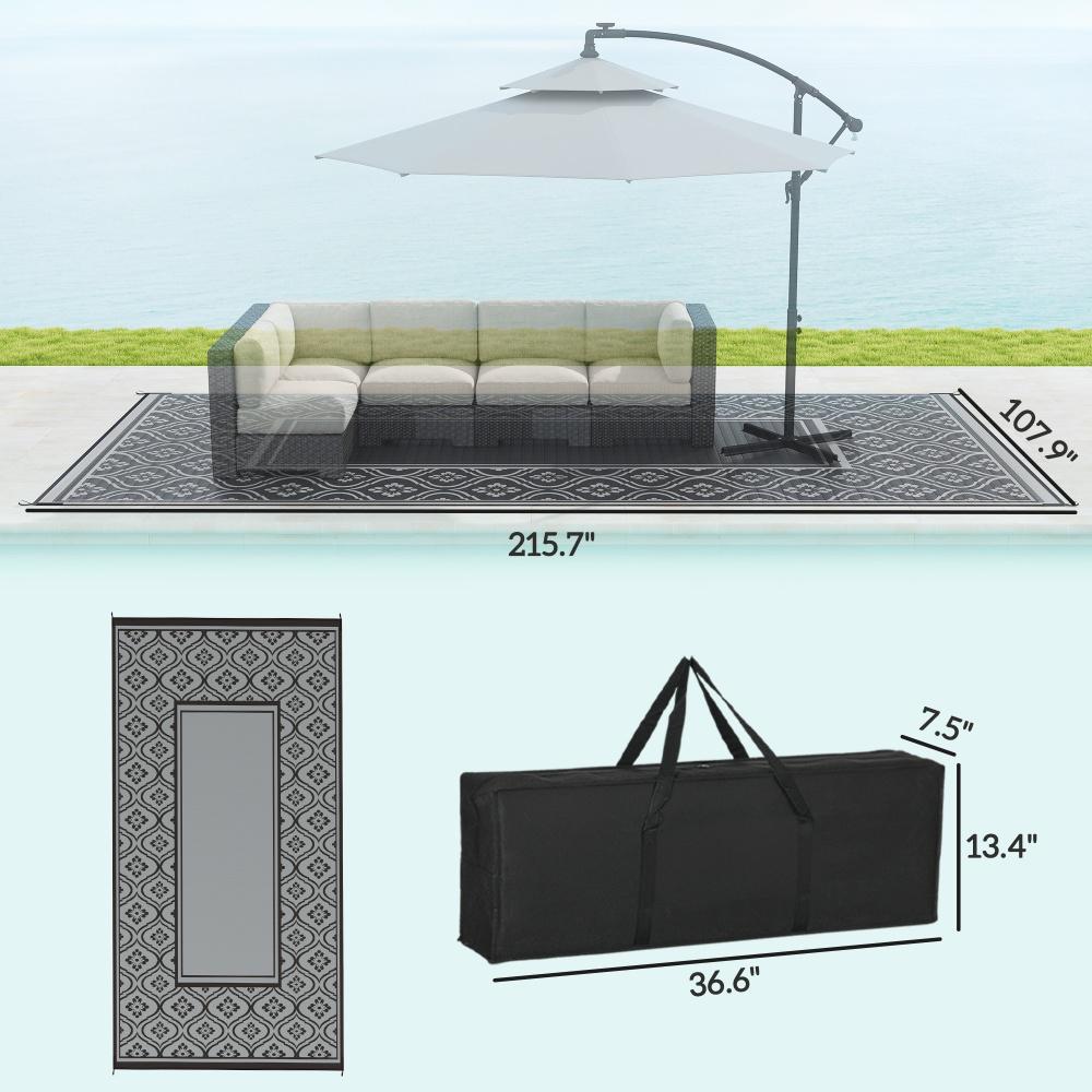 Reversible Waterproof Outdoor Rug with Carry Bag - Black & Gray Gourd Border