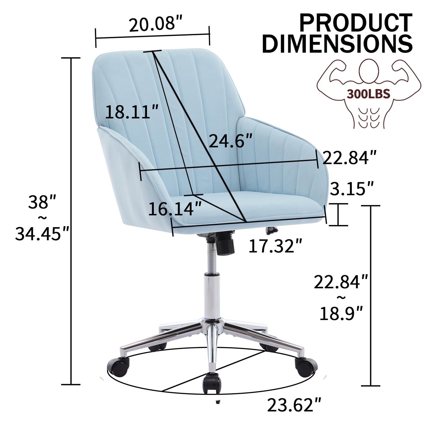 Ergonomic Swivel Office Chair - Adjustable Velvet Seat in Baby Blue