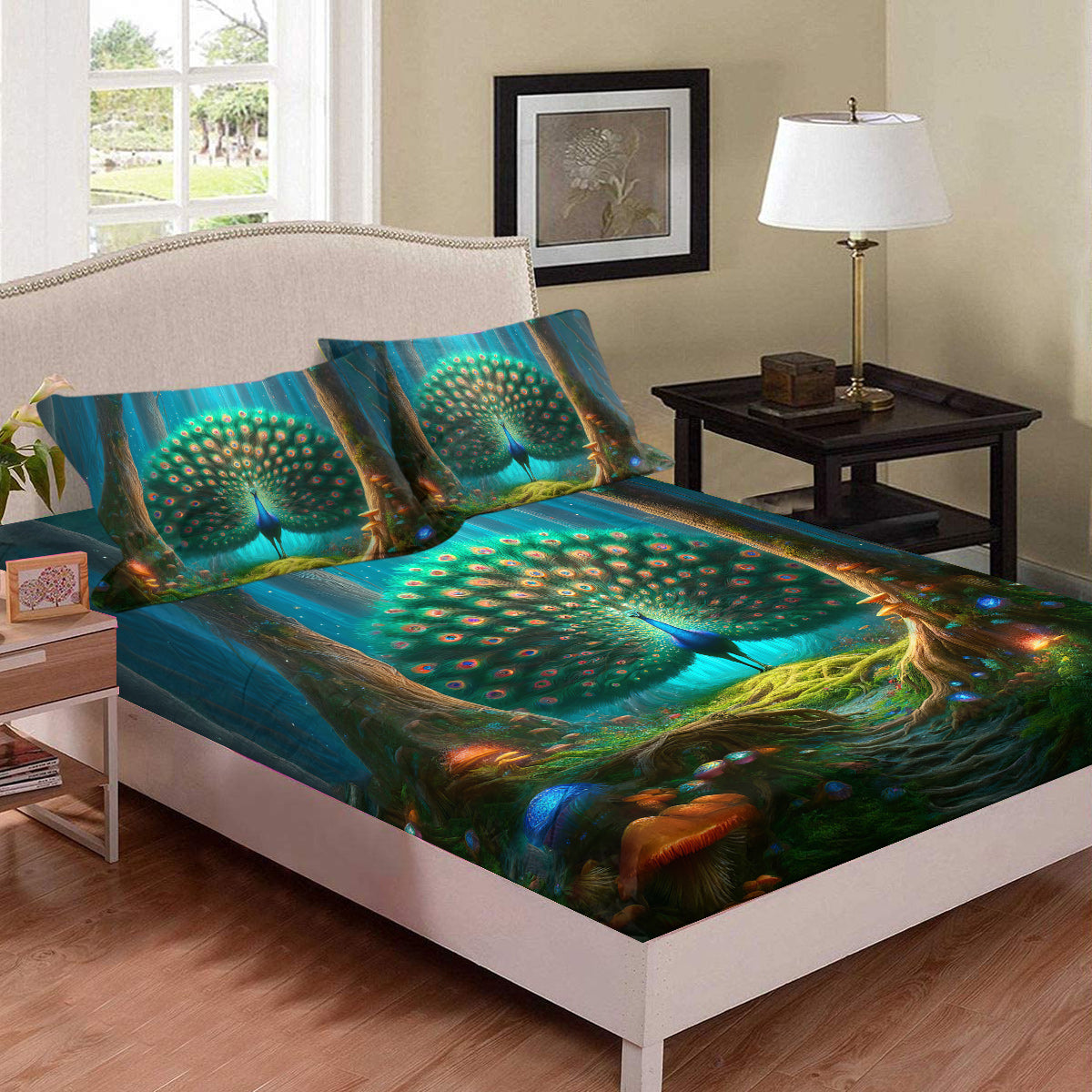 Green Peacock Print Bed Sheet Set - Colorful Mushroom Pattern, Queen Size
