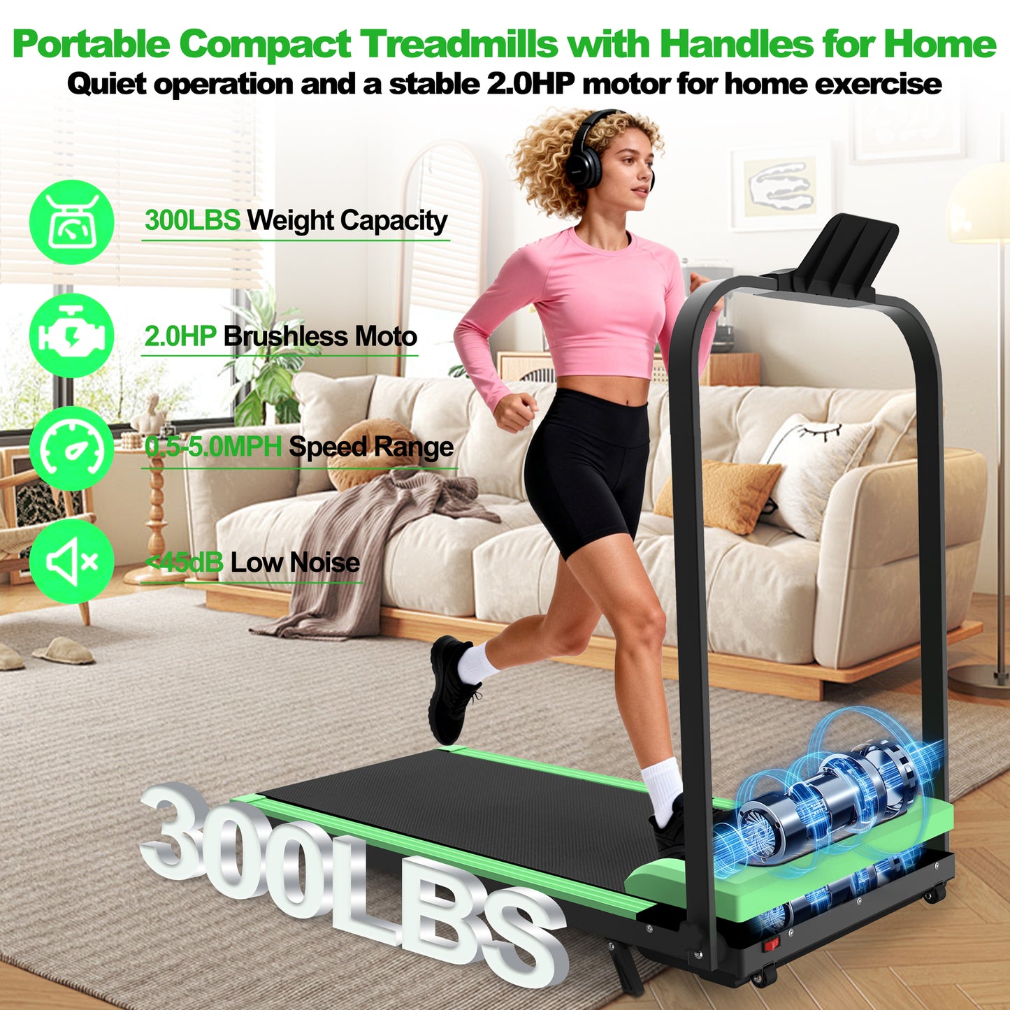 Portable Foldable Treadmill with Incline & Remote Control - Green