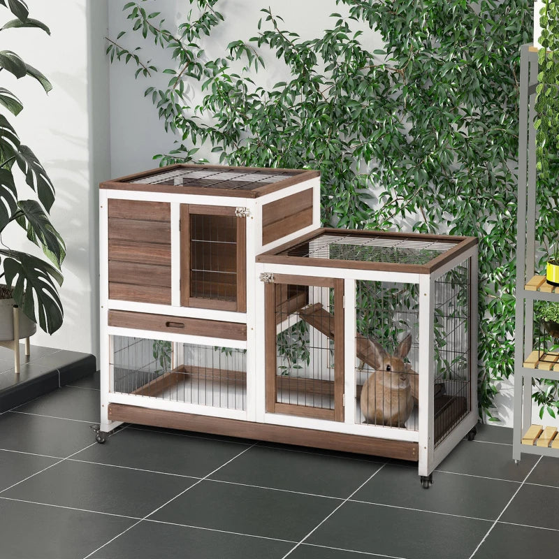 Wooden Rabbit Hutch with Enclosed Run and Wheels - Indoor/Outdoor Small Animal Cage