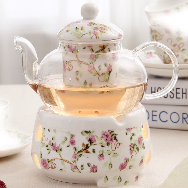 European Glass Fruit Tea Teapot with Candle Heating - Bone China, Heat-Resistant