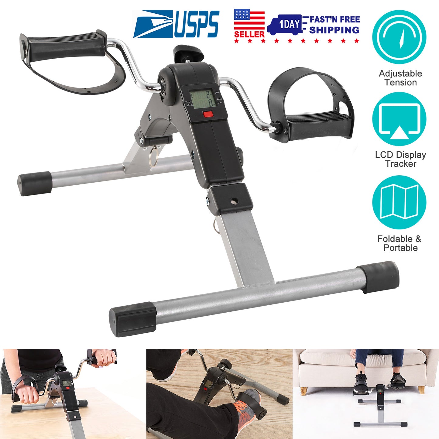 Foldable Pedal Exerciser with LCD Display for Home Office Gym