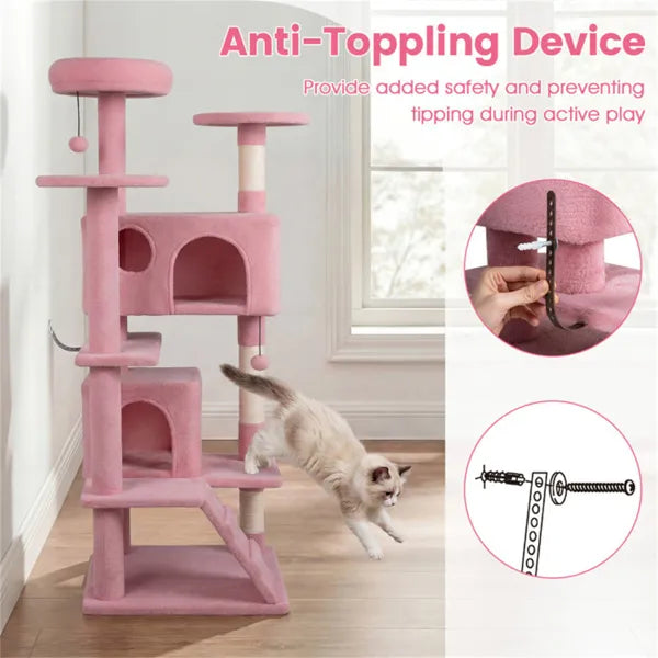 Pink 52-Inch Multi-Cat Cat Tree Tower with Perches, Condos & Scratching Posts