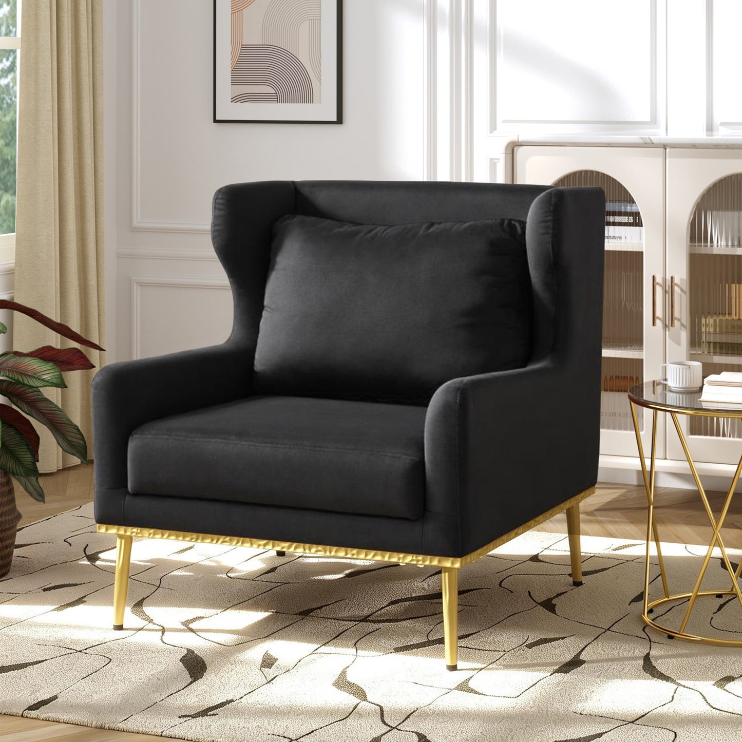 Black Velvet Accent Chair - Modern Armchair for Living Room