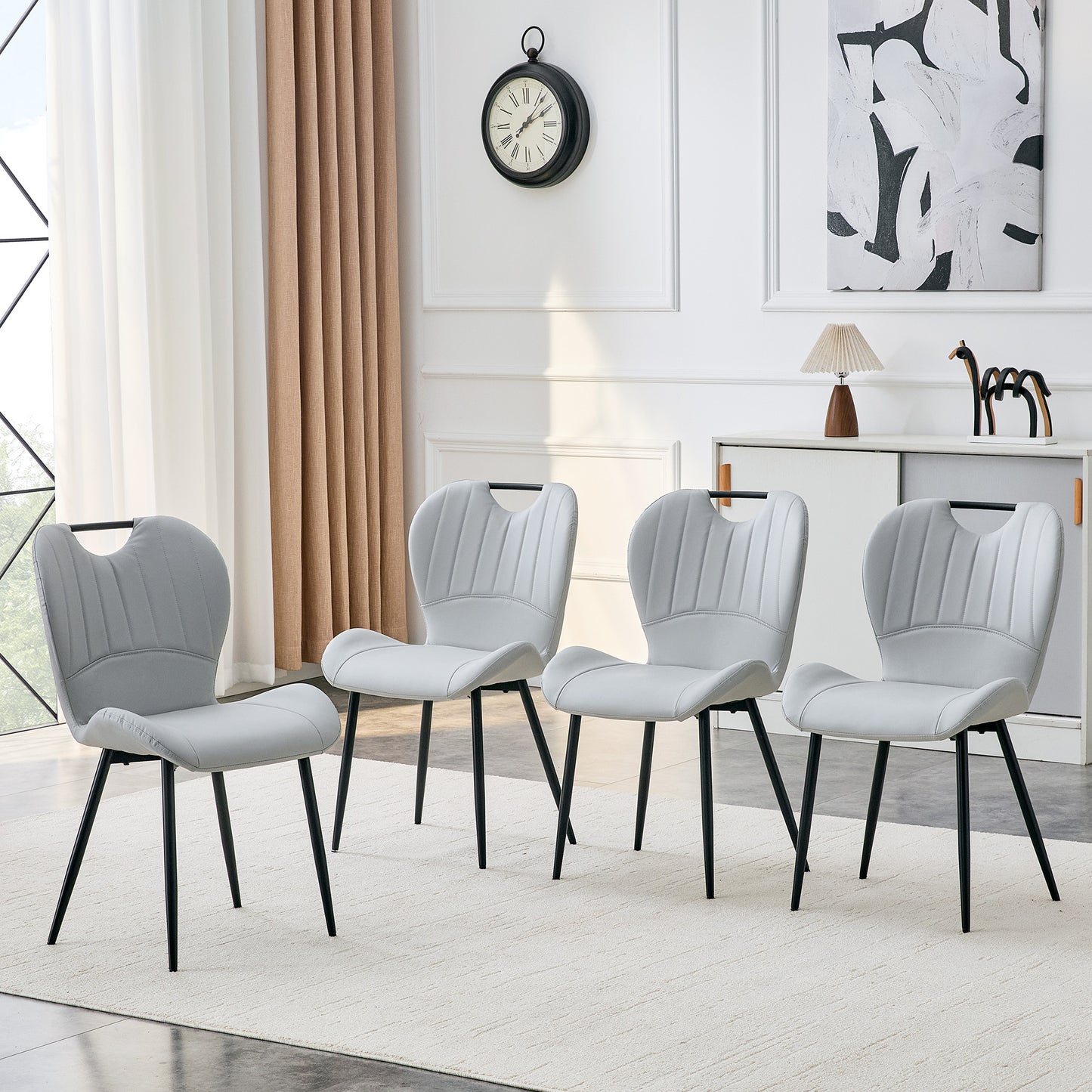 Set Of 4 Light Grey PU Dining Chairs With Integrated Handle. Black
