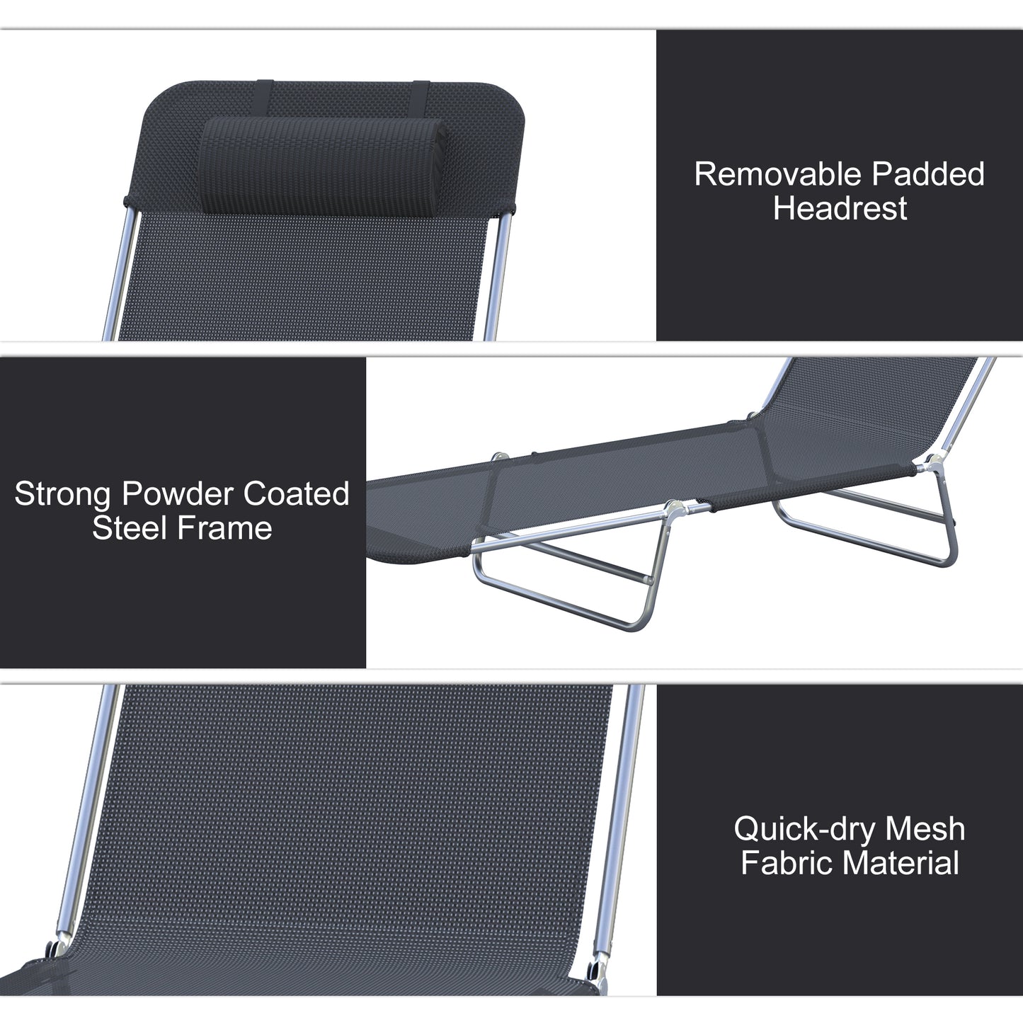 Folding Chaise Lounge Chair - Outdoor Reclining Pool Chair with Pillow, Black