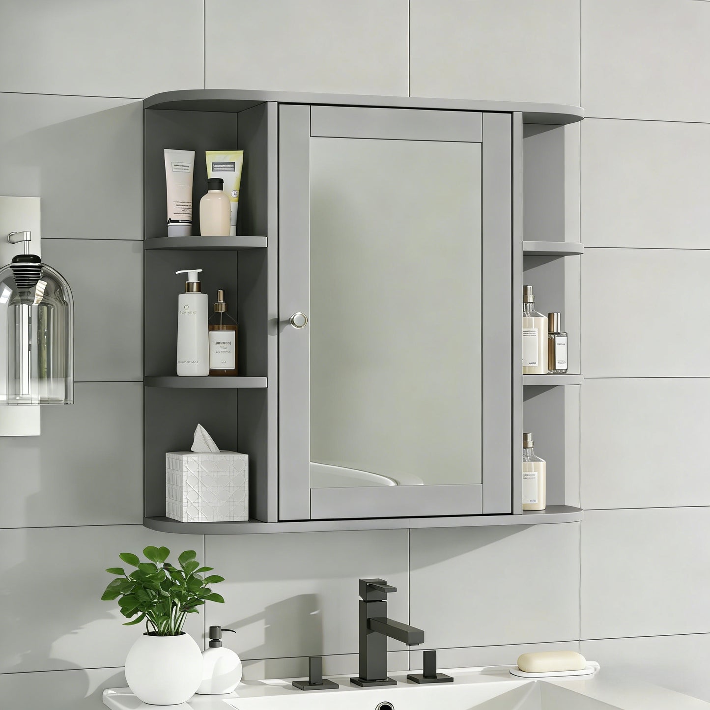 Bathroom Wall Storage Cabinet with Mirror & Adjustable Shelves - Gray
