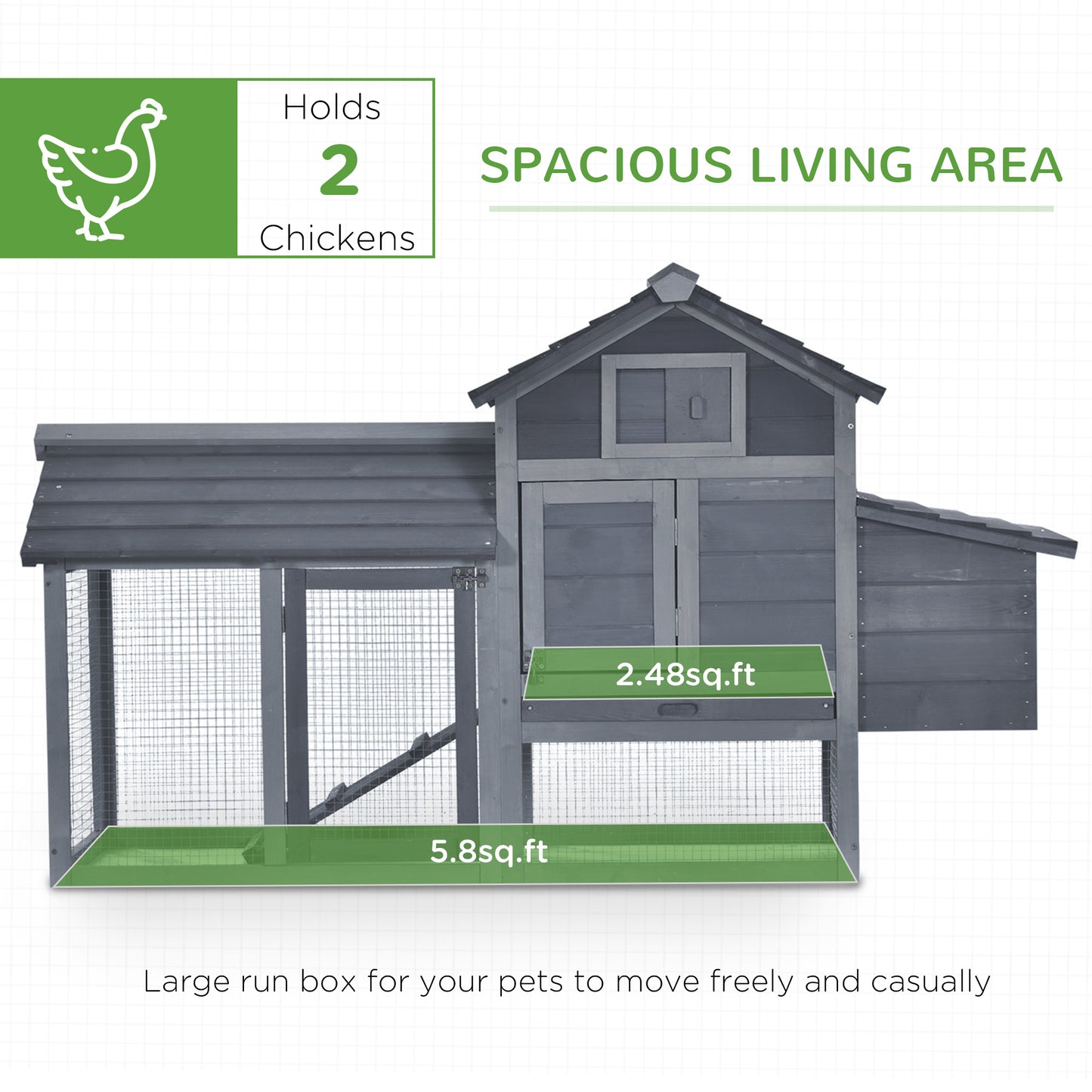 Small Wooden Chicken Coop with Nesting Box & Removable Tray - Gray, 925x575x260mm