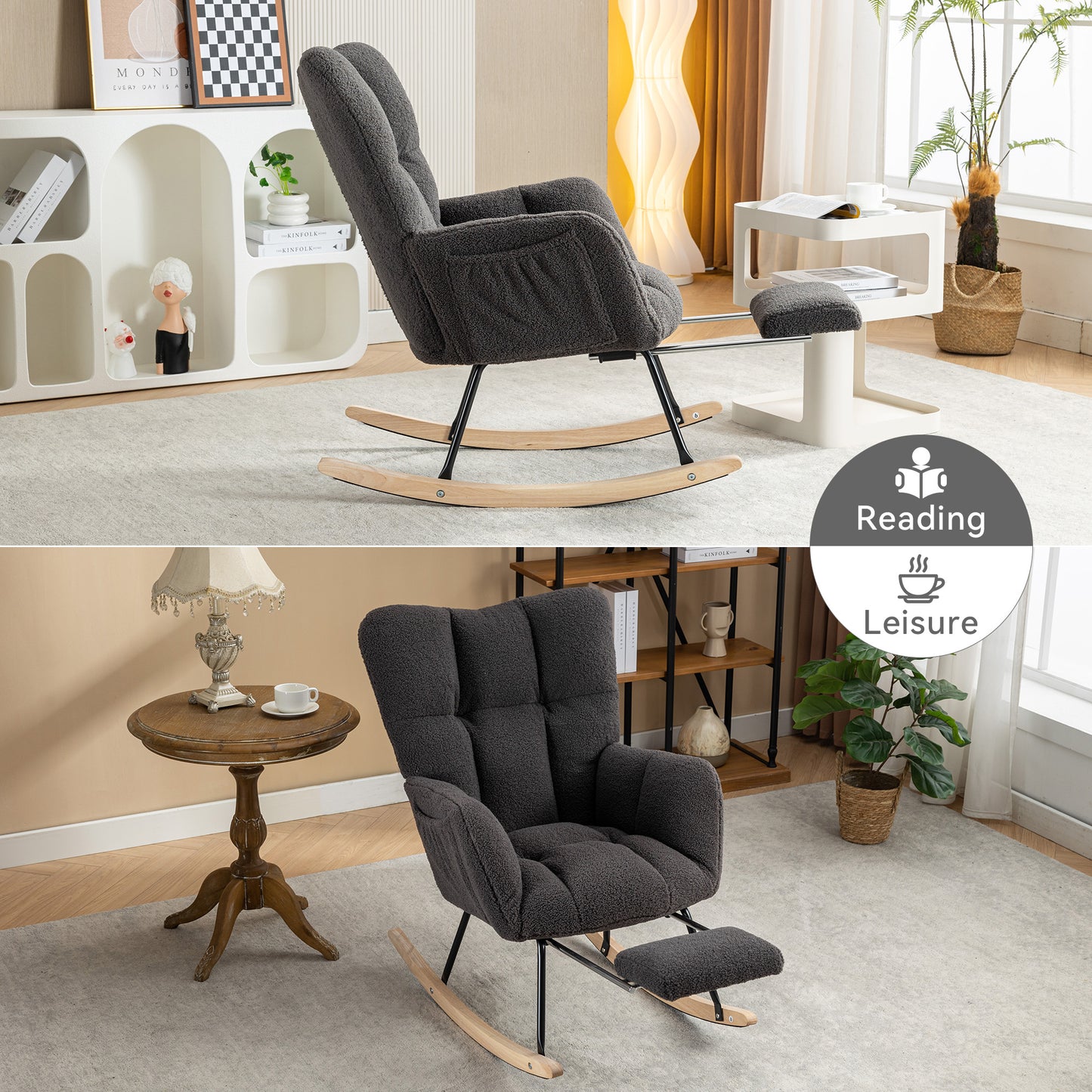 Modern Teddy Fabric Rocking Chair with Adjustable Footstool - Dark Gray