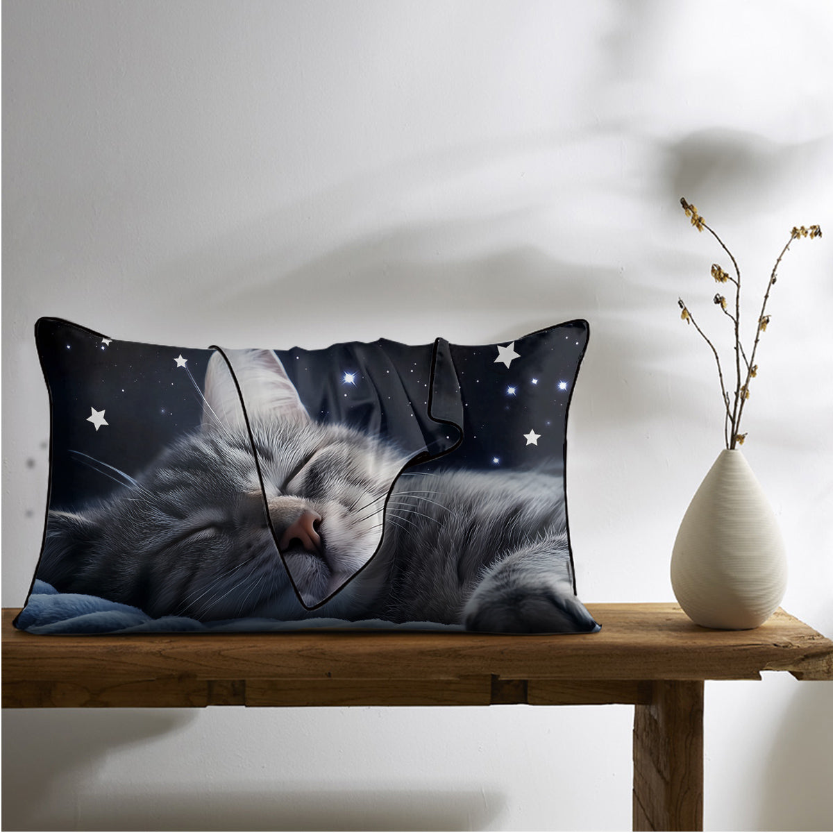 Soft Satin Pillowcases with Cats and Starry Sky Art - Set of 2