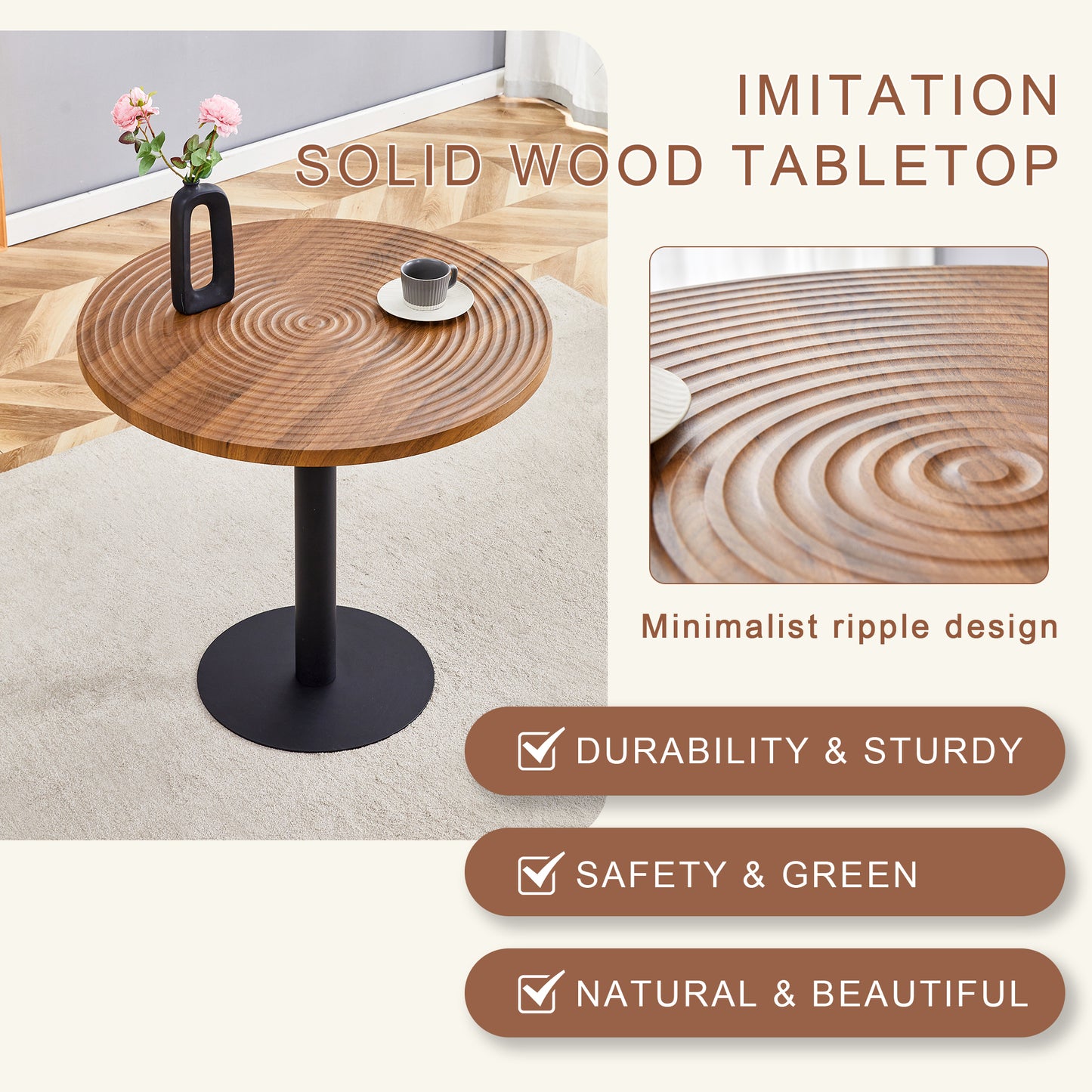 31.5 Inch Dark Wood Grain Round Dining Table - Suction Molding