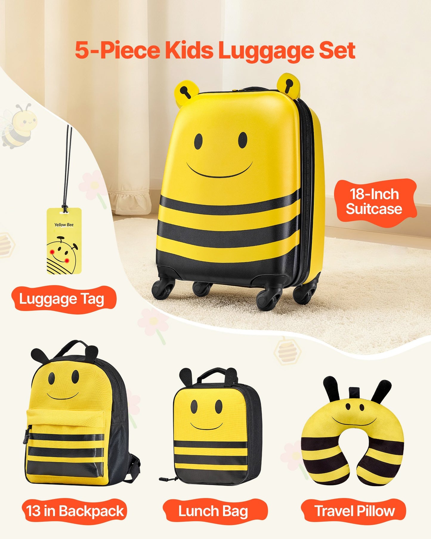 Kids Luggage Set 5 Pieces, 18-Inch Hardside Carry-On Suitcase with Backpack & Pillow