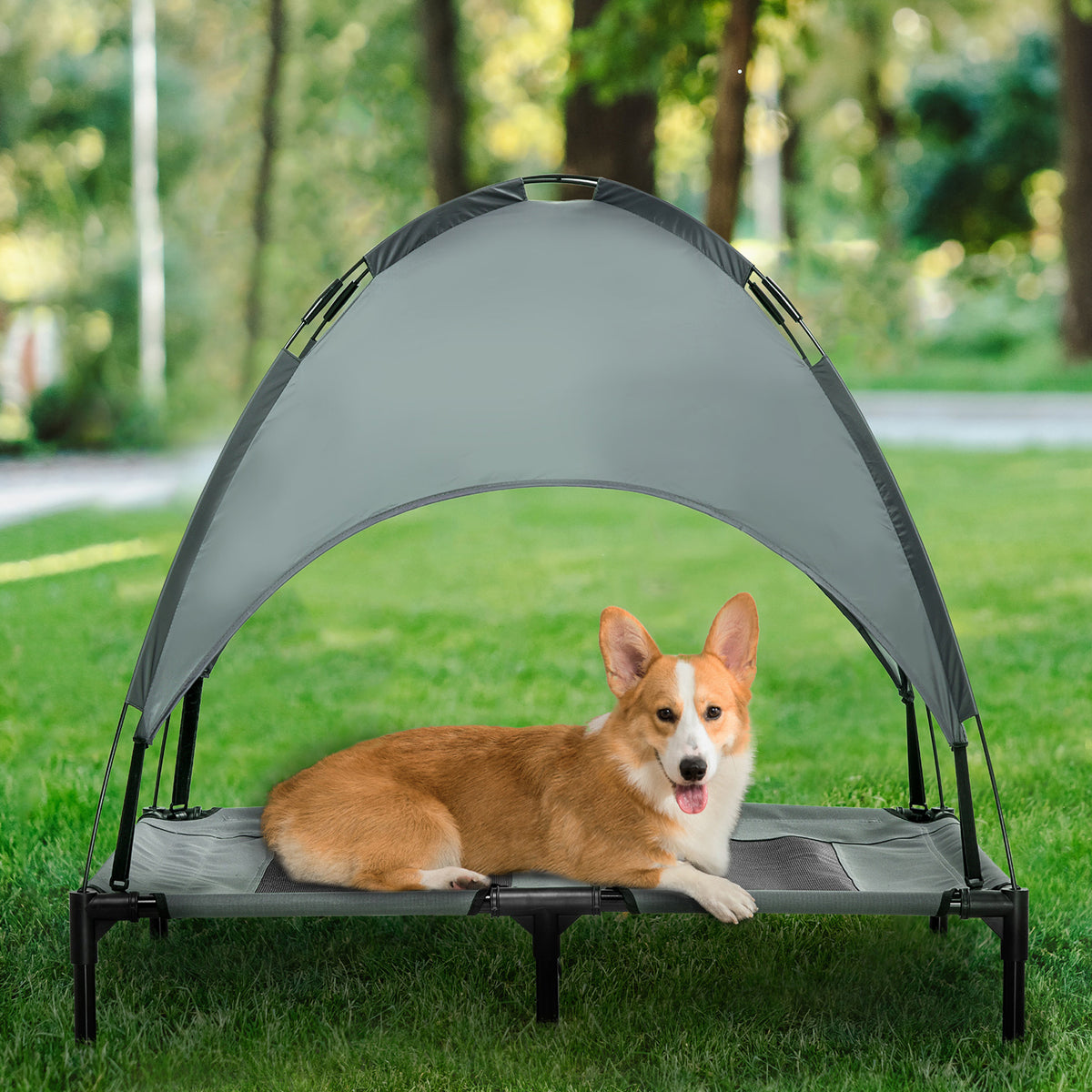 Large Elevated Dog Bed with Removable Canopy - Outdoor Pet Cot 36 Inch Gray