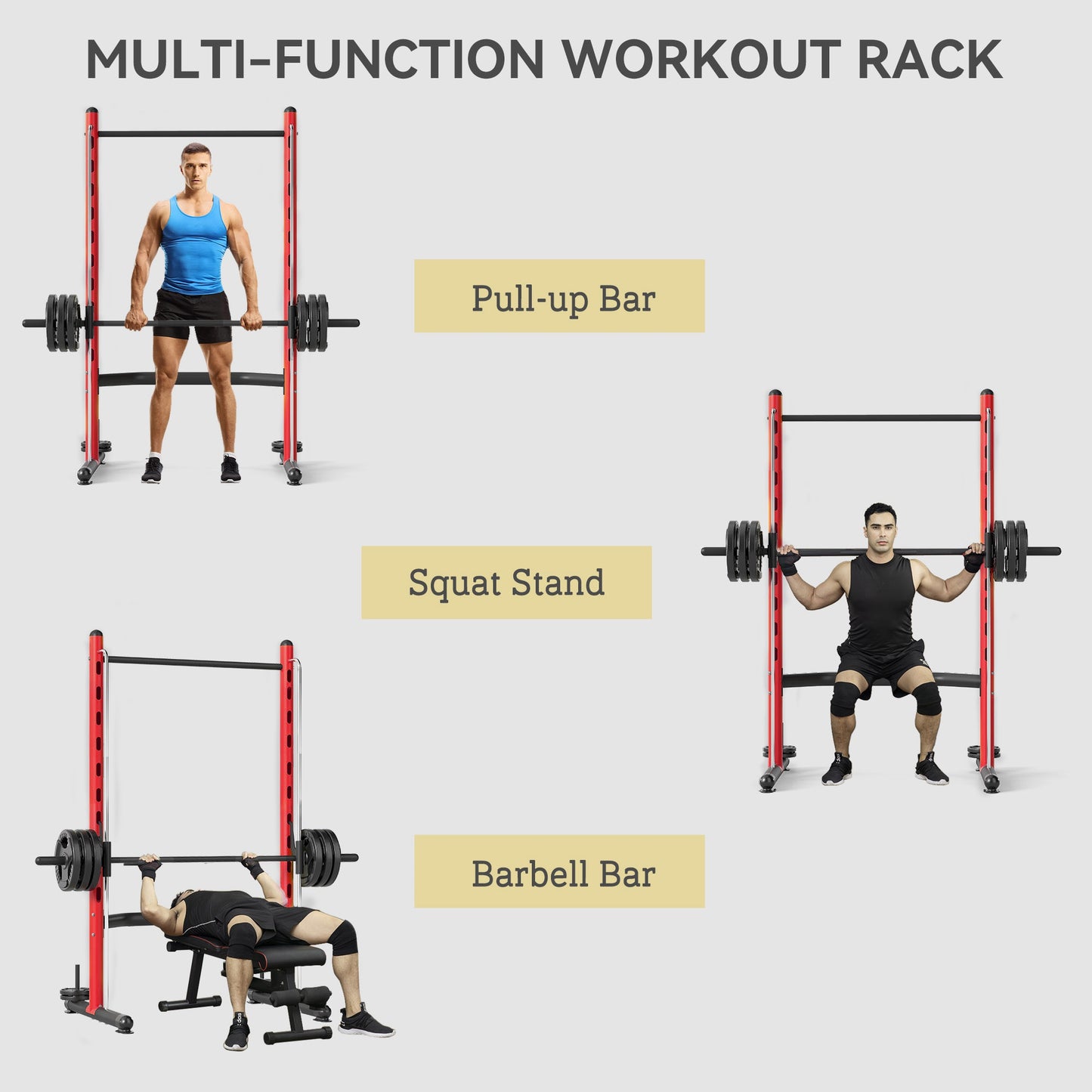 Adjustable Squat Rack with Pull-Up Bar & Barbell Storage - Red