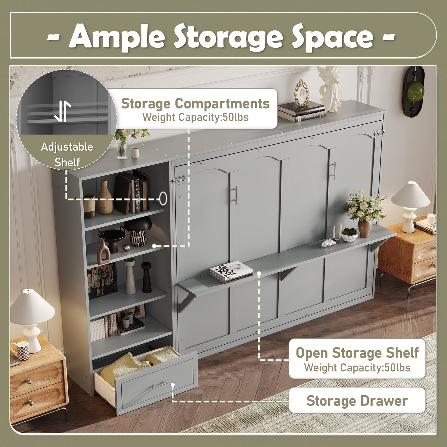 Queen Size Murphy Bed With Height Adjustable Storage Compartments And
