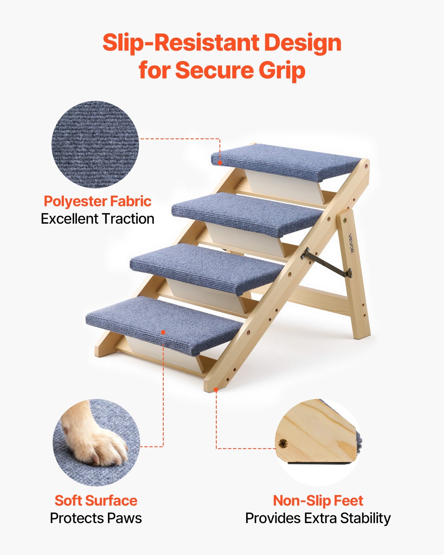 Wood Pet Stairs 4-Step Dog & Cat Ladder for Beds, Sofa & Car, Foldable & Sturdy