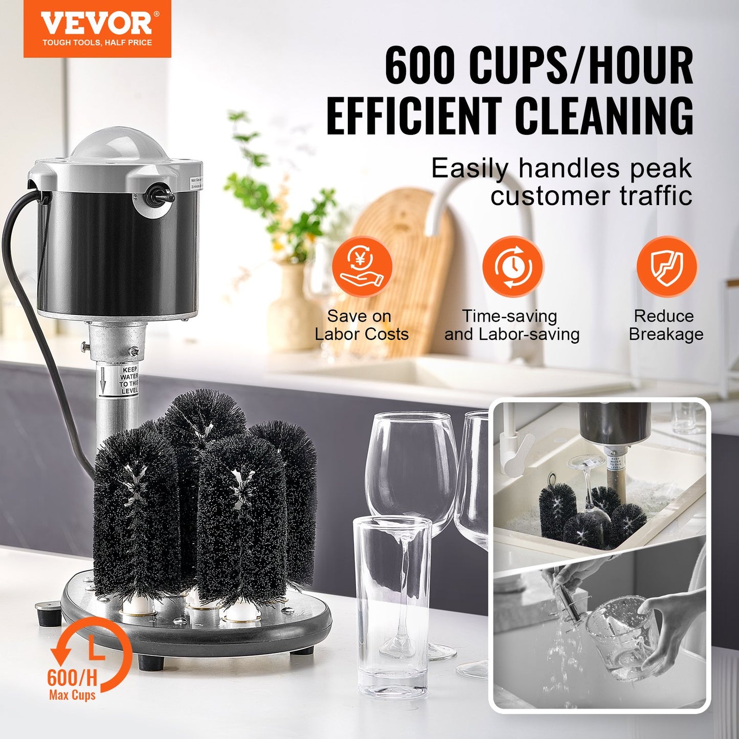 Electric Glass Washer 600 Cups/H 5-Brush Bar Glass Cleaner for Wine & Crystal Glasses