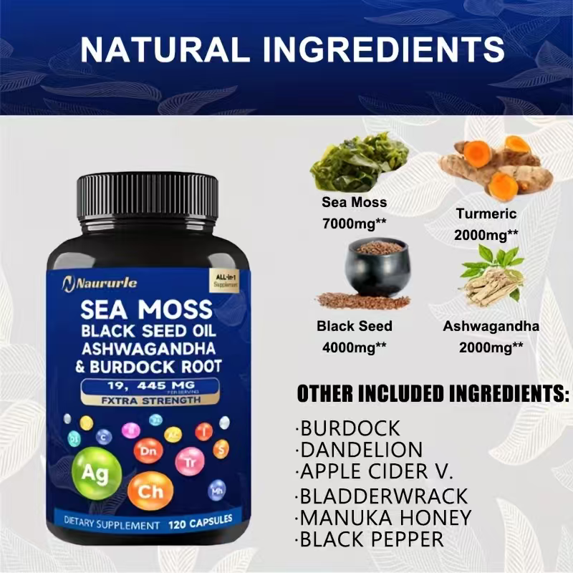Sea Moss, Black Seed Oil, Ashwagandha & Burdock Root Capsules - 120 Count