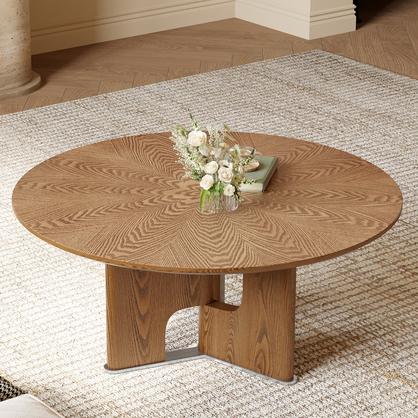 31.5-Inch Round Rustic Ash Wood Veneer Coffee Table - Walnut