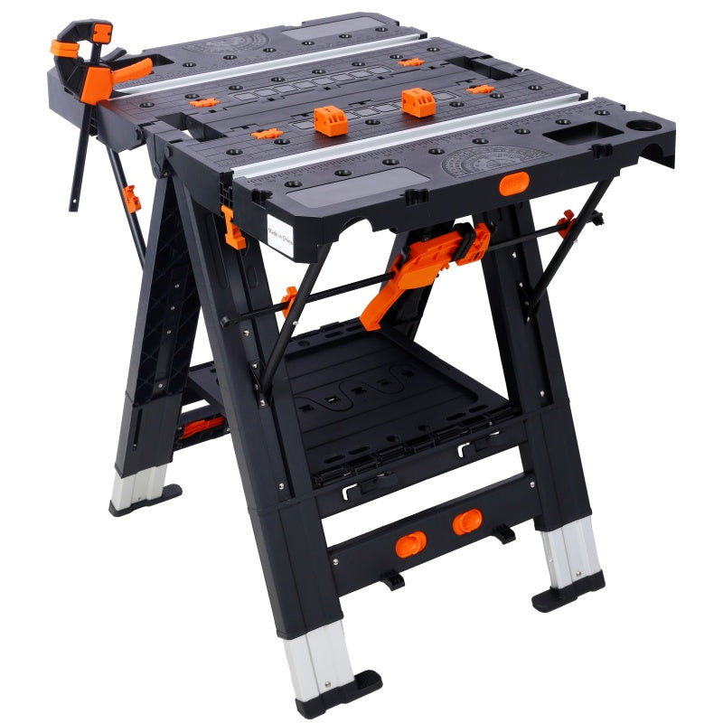 Heavy-Duty Portable Folding Workbench with Clamps - Adjustable Garage Sawhorse