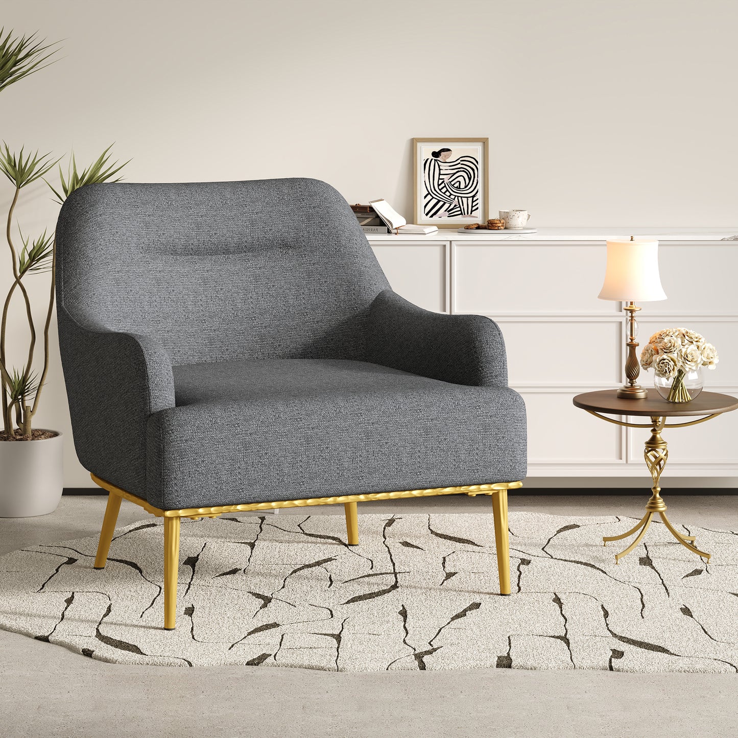 Modern Accent Chair with Curved Backrest and Gold Legs - Dark Gray
