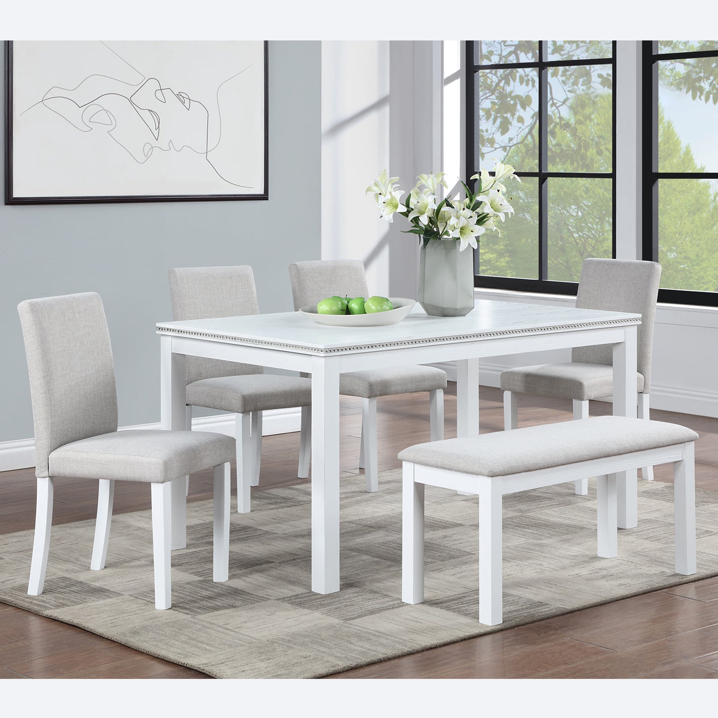 6-Piece Wooden Dining Table Set with 4 Chairs & Bench - White