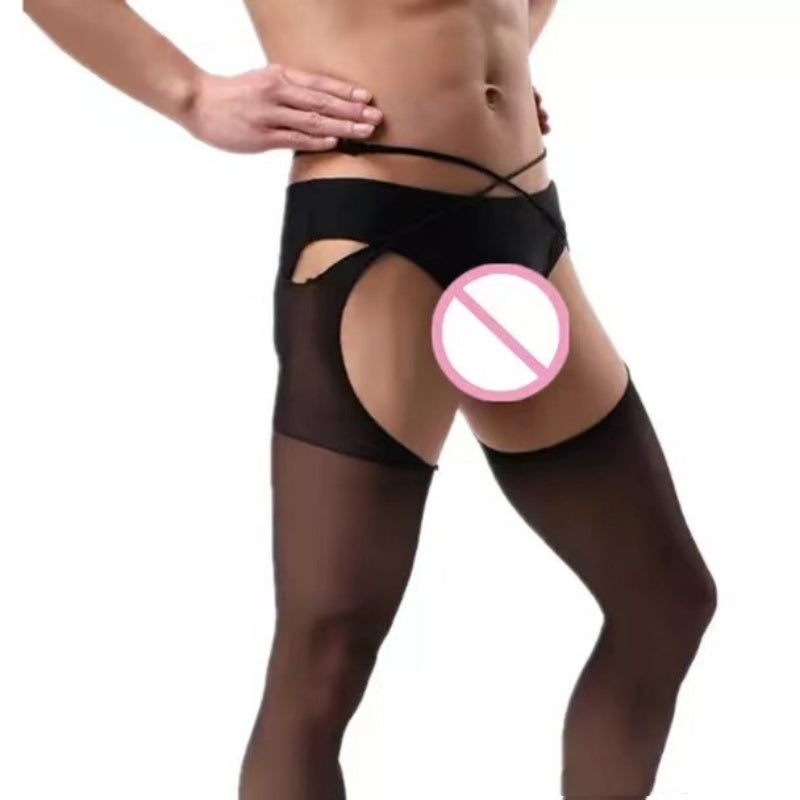 Men's Black Silk Stockings Bodystocking Crotchless Sheer Lingerie