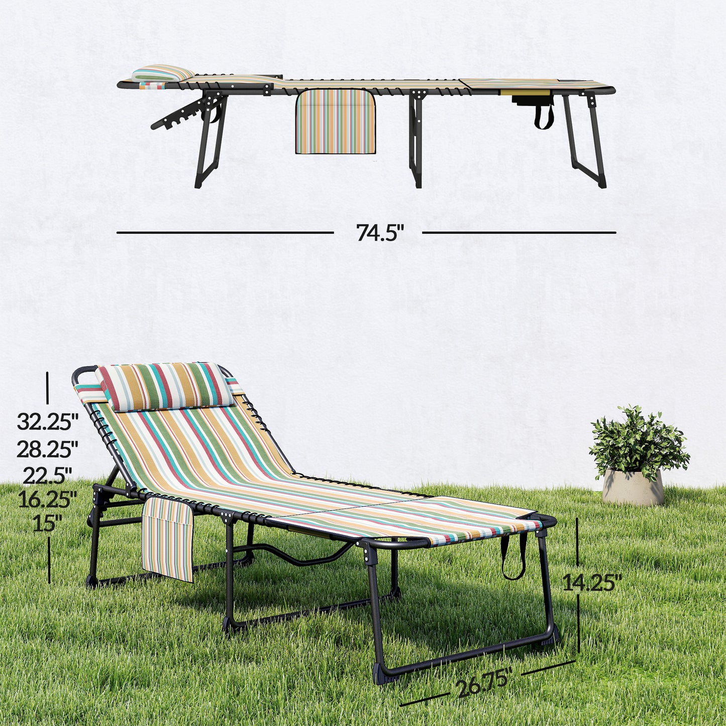 2-Piece Folding Chaise Lounge Chairs with 5-Position Recline - Rainbow Striped