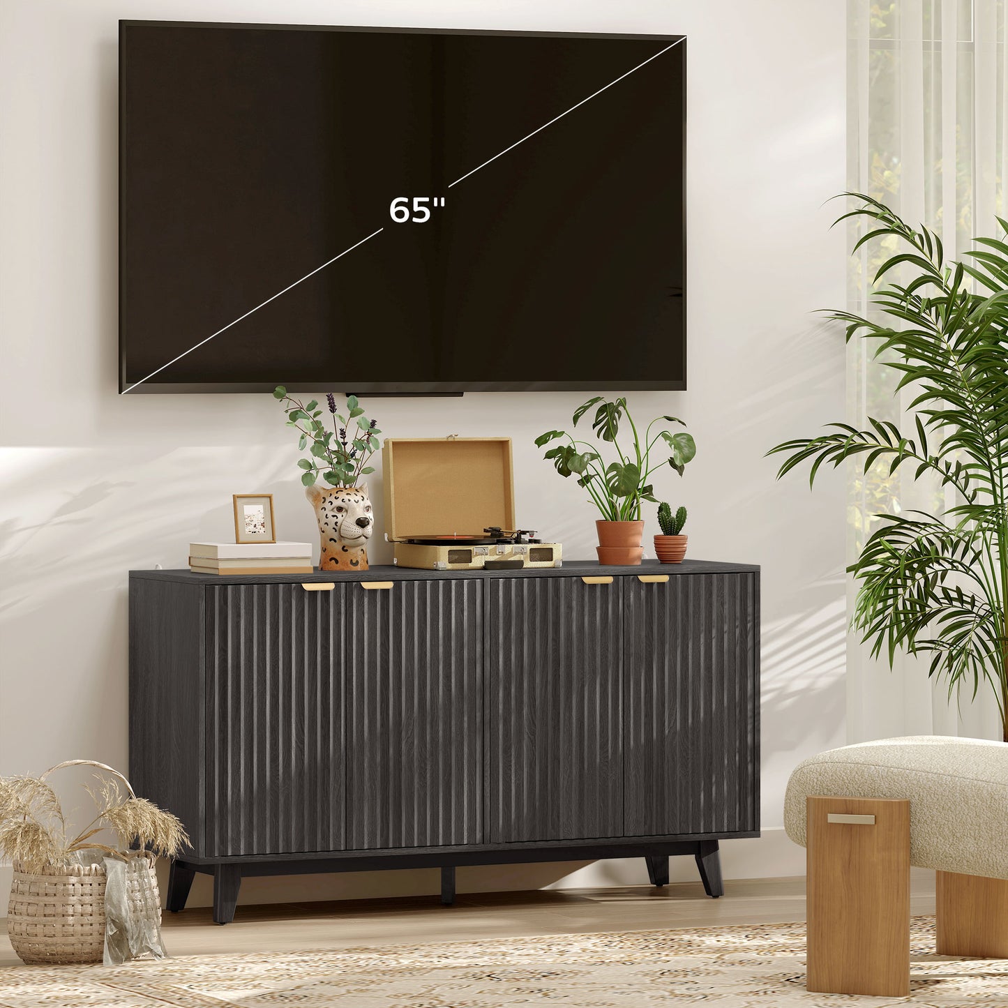 Fluted Buffet Cabinet - 55" Dark Gray with 4 Doors & Adjustable Shelves