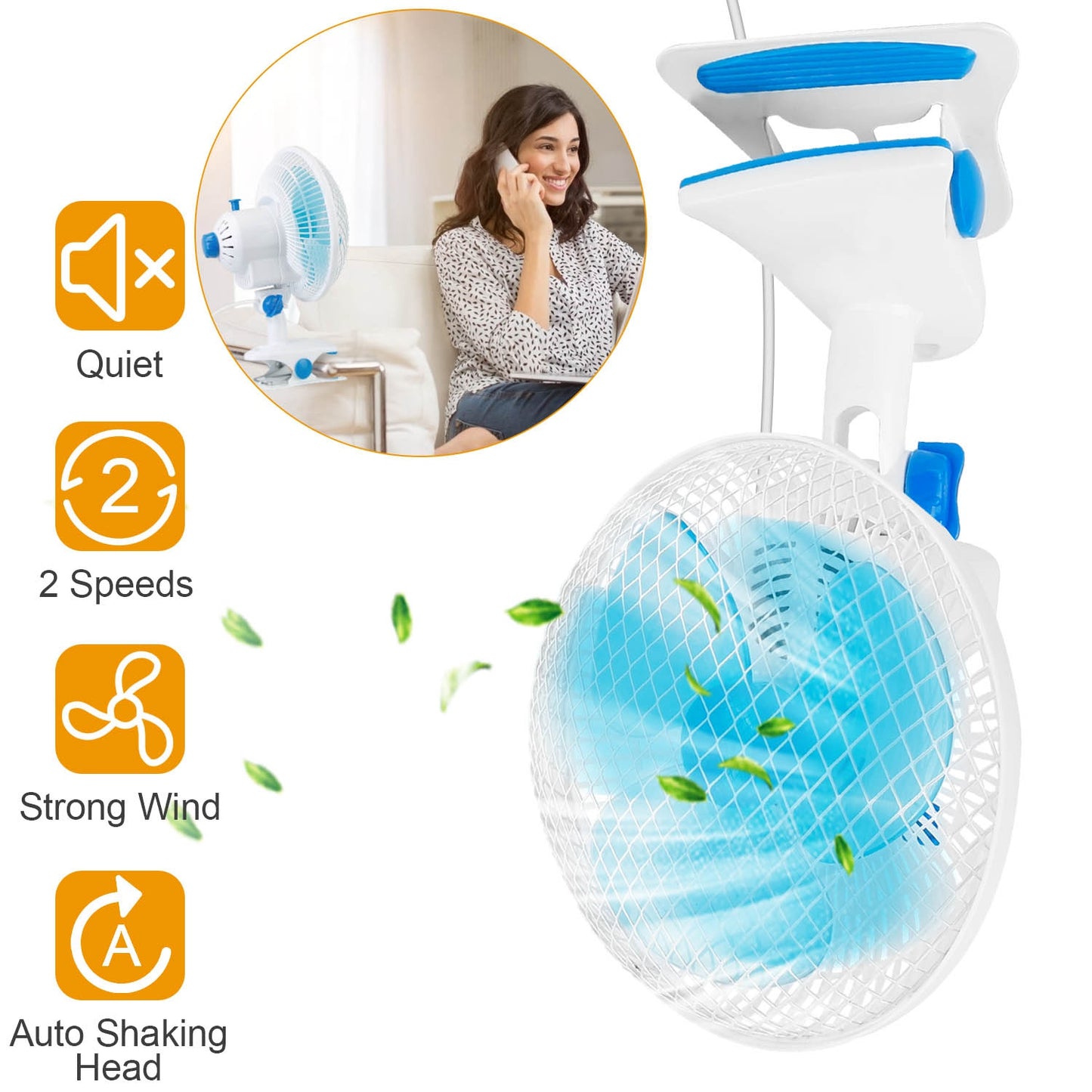 Clip On Desk Fan with 2 Speed Settings, Adjustable Tilt, Quiet Operation, Wall Mount & Clamp - White