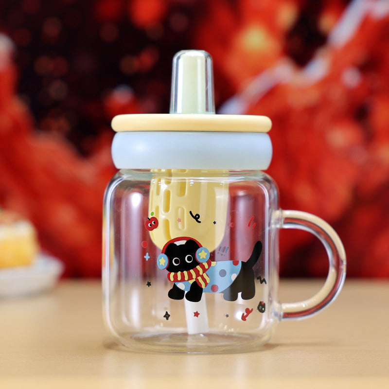Cute Cat Water Cup with Handle - 600ML Glass Drinking Mug for Home