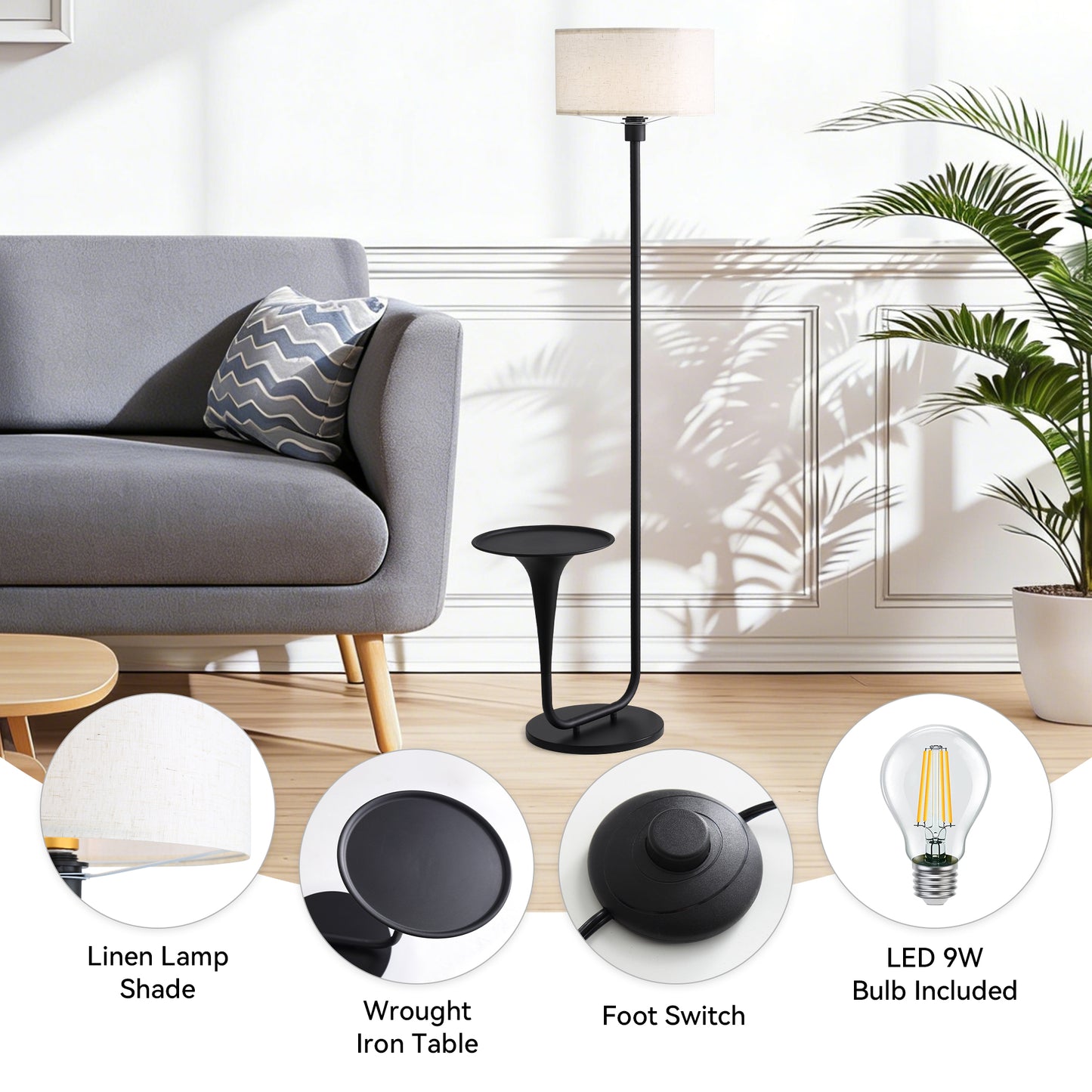 146cm Dimmable Floor Lamp with Table and Foot Switch - Vintage Standing Light with Tray, Bulb Included