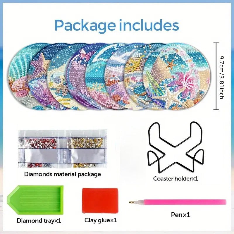 Diamond Painting Coaster Kit with Holder for Beginners - Seaside Pattern, 9.7x9.7cm