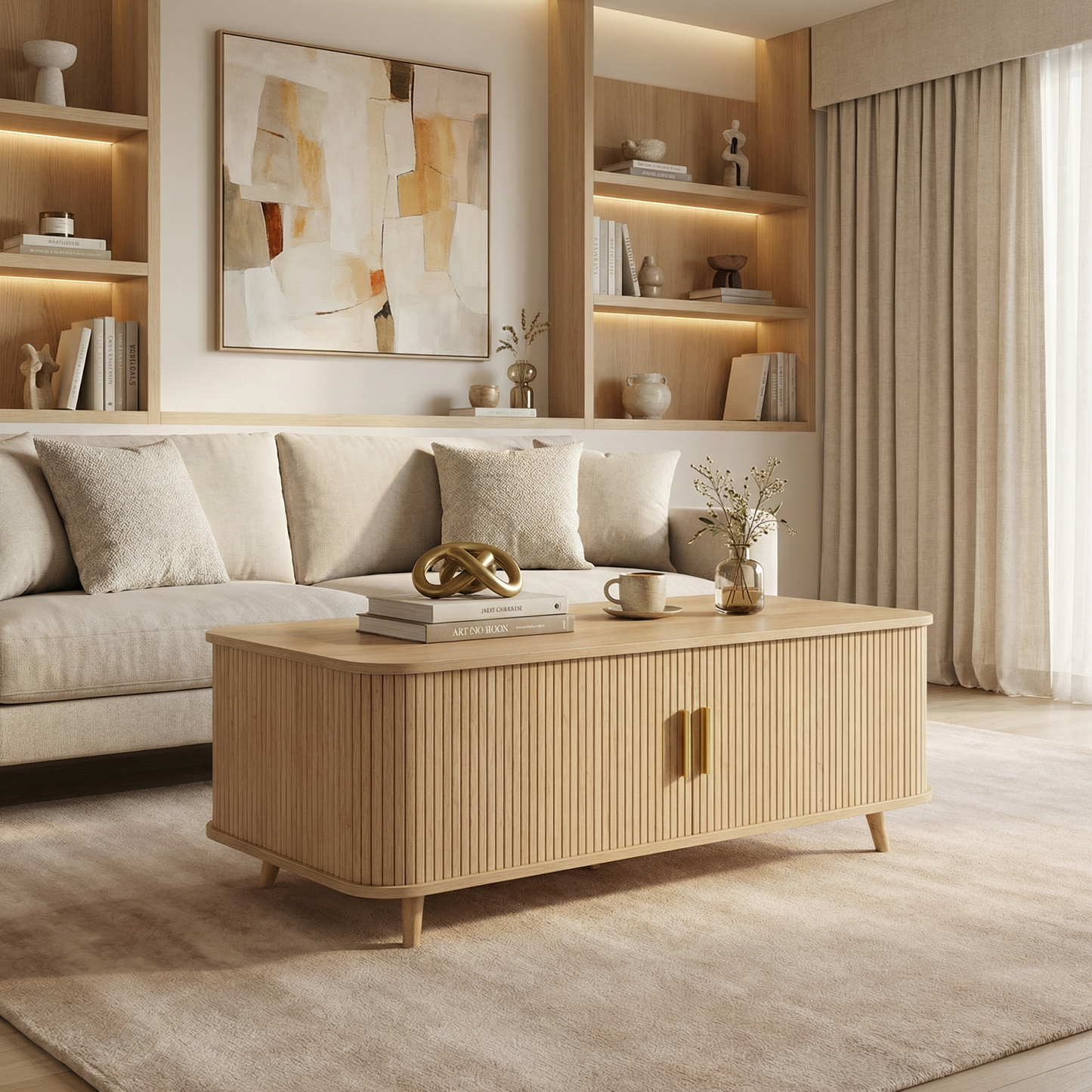 Modern Mid-Century Coffee Table With Storage Natural Wood Finish, 4