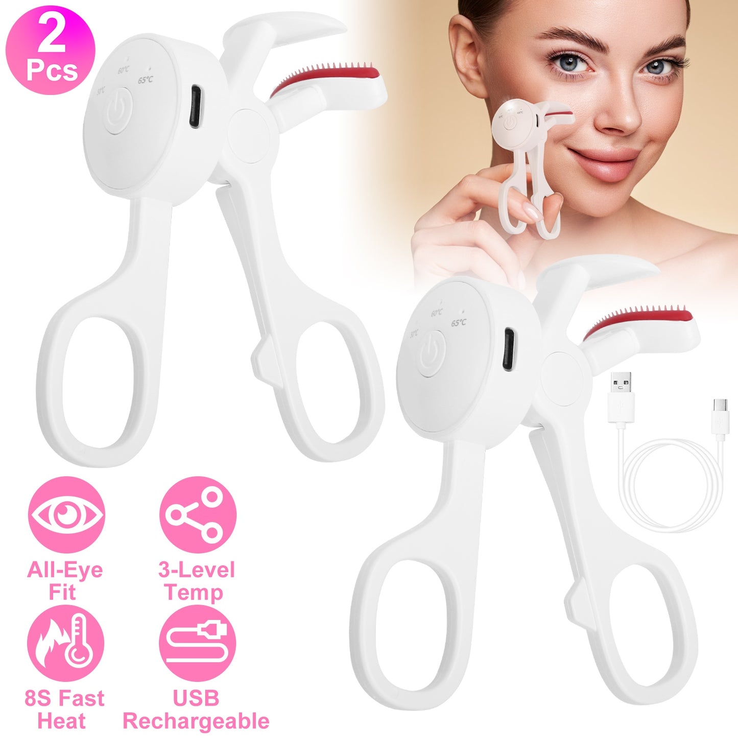 2-Pack Heated Electric Eyelash Curler - USB Rechargeable with 3 Temp Settings