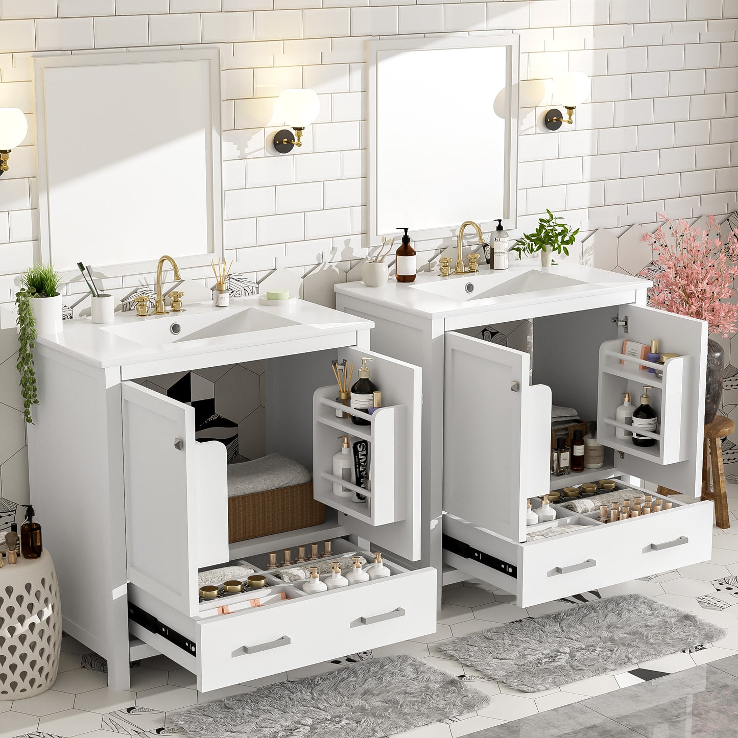 60" White Bathroom Vanity Set with Double Ceramic Sinks & Storage