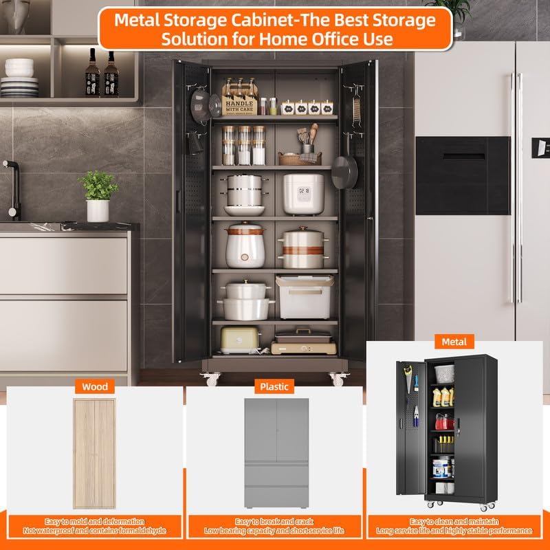 Metal Storage Cabinet on Wheels - Lockable Black with 5 Shelves