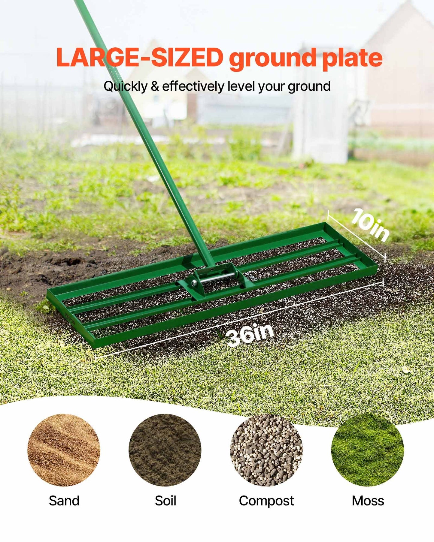 Heavy-Duty Lawn Leveling Rake with 36x10 Inch Steel Plate & 78-Inch Handle