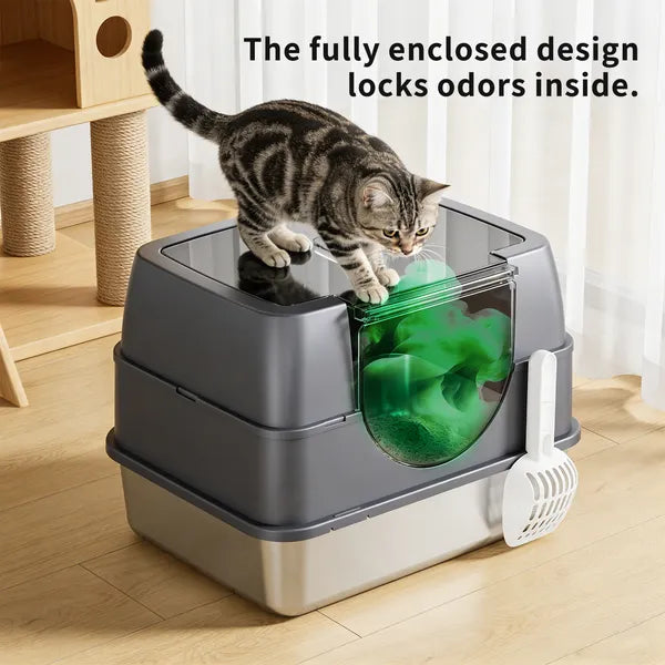 Stainless Steel Cat Litter Box with Flip-Top Cover & Odor Control