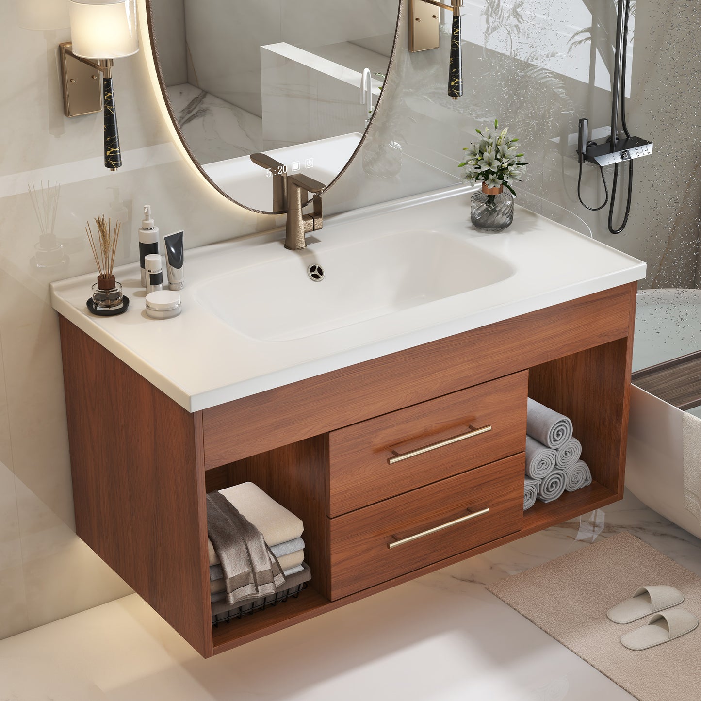 35.4" Mid-Century Modern Bathroom Vanity with Undermount Sink - White/Walnut