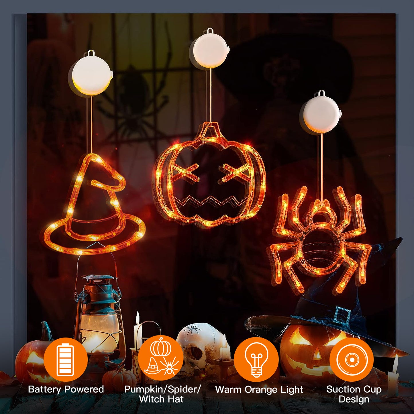 Halloween Window Light Decoration Set - 3 Pack with Spider, Witch Hat & Pumpkin