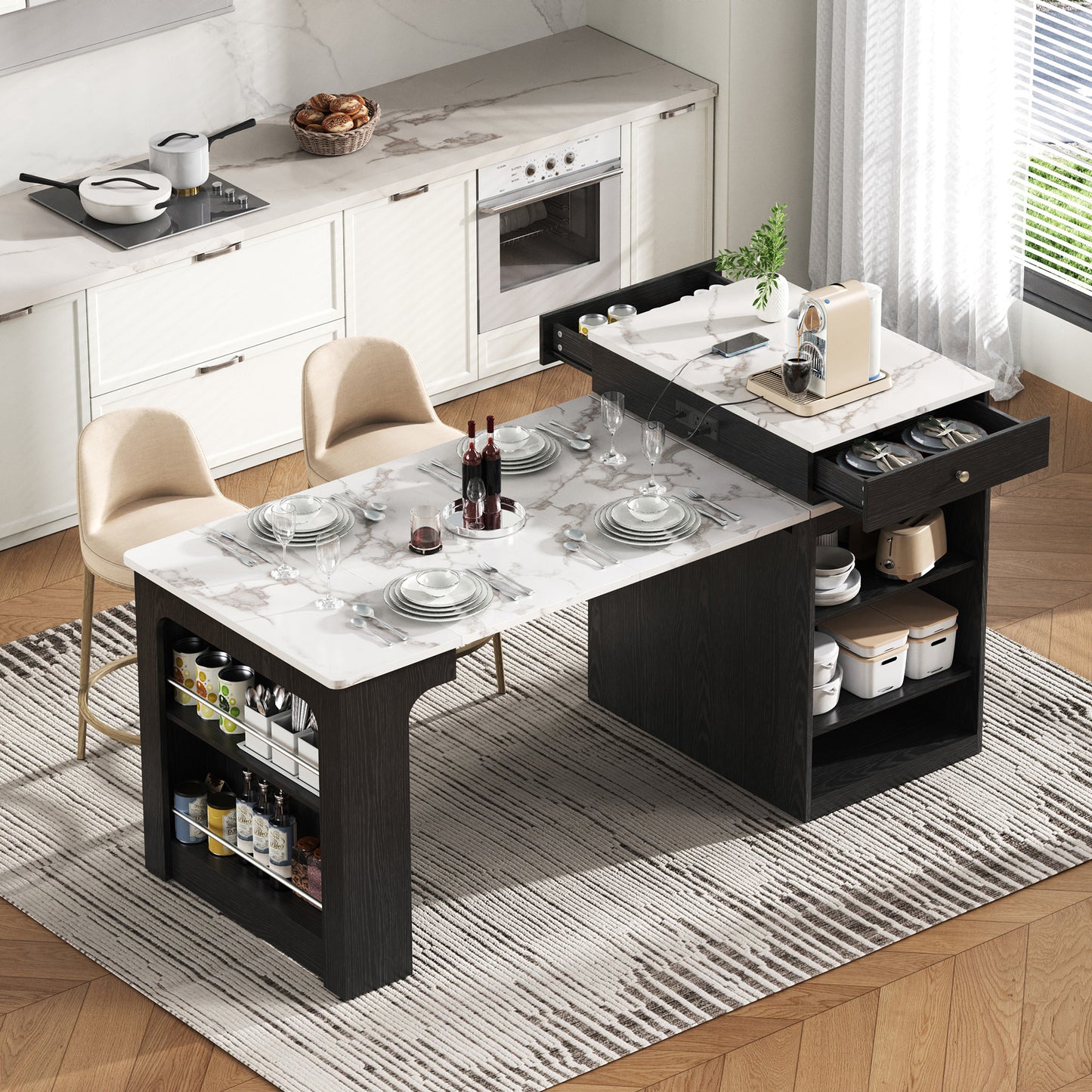 K&K 59.5 Kitchen Island With Extendable Dining Table, Storage Table