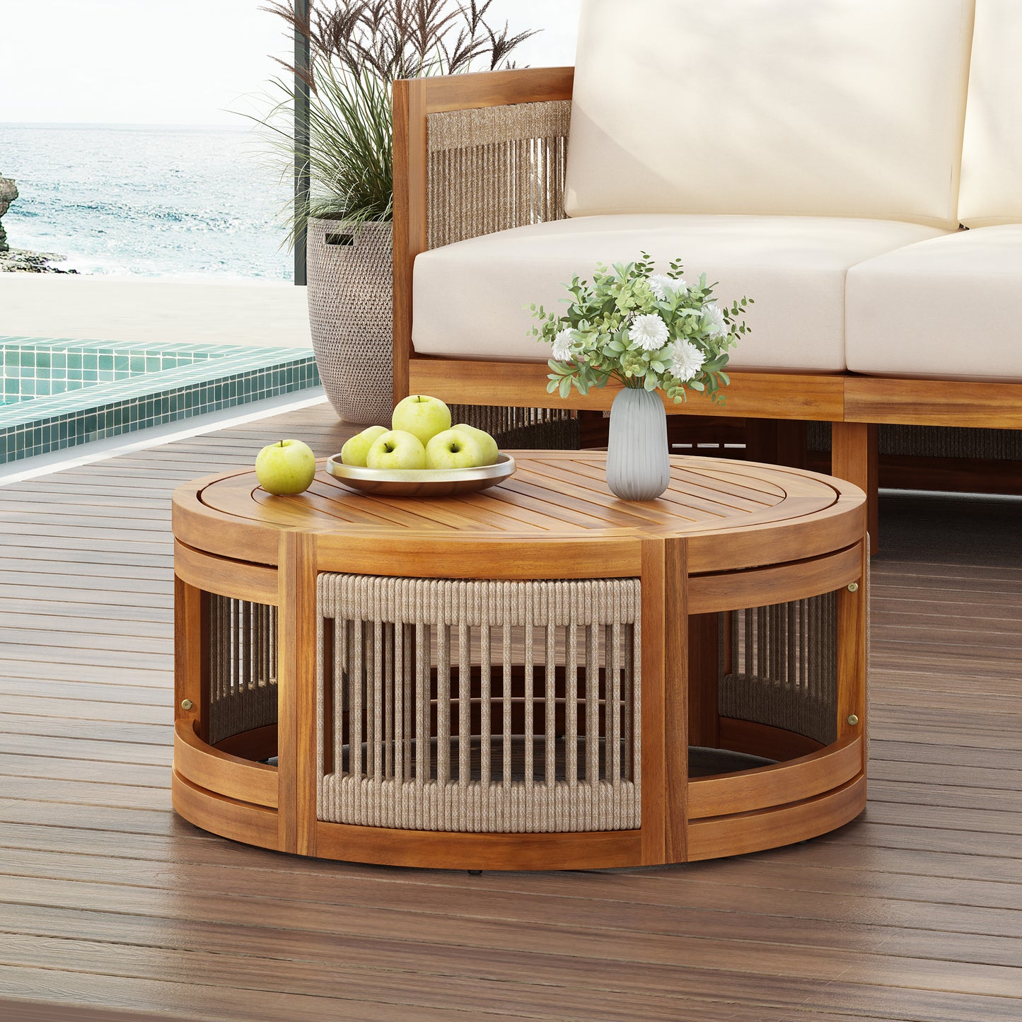 27.95 Acacia Wood Outdoor Coffee Table - Handwoven Rope Accent Boho