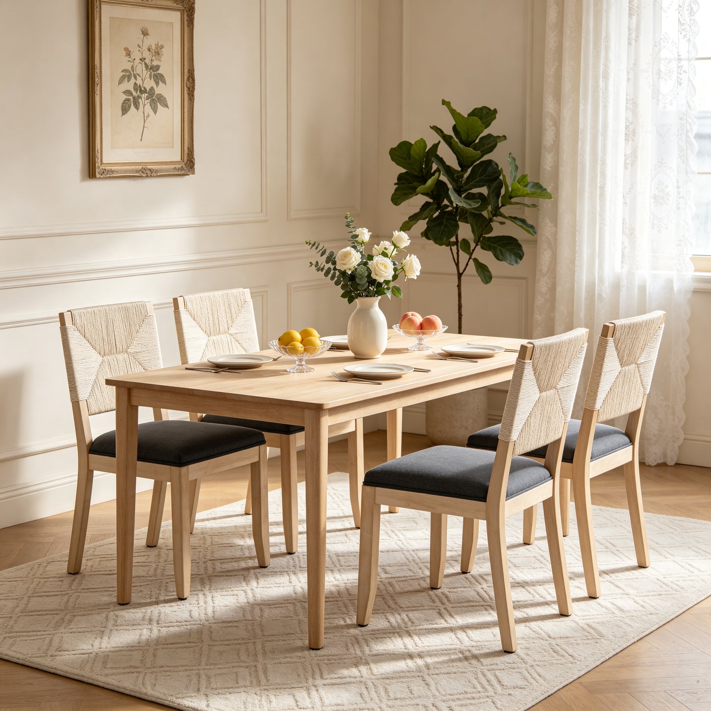 Beige Farmhouse Dining Chairs Set of 2 - Grey Upholstered