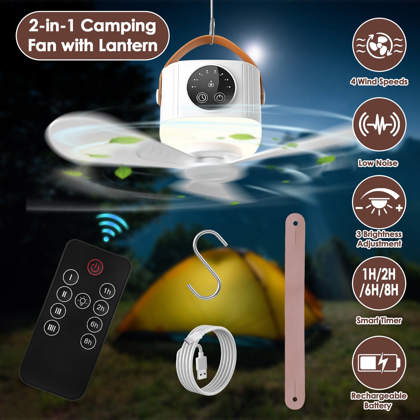 Rechargeable Tent Ceiling Fan with Light and Remote Control - 7200mAh Portable Camping Fan
